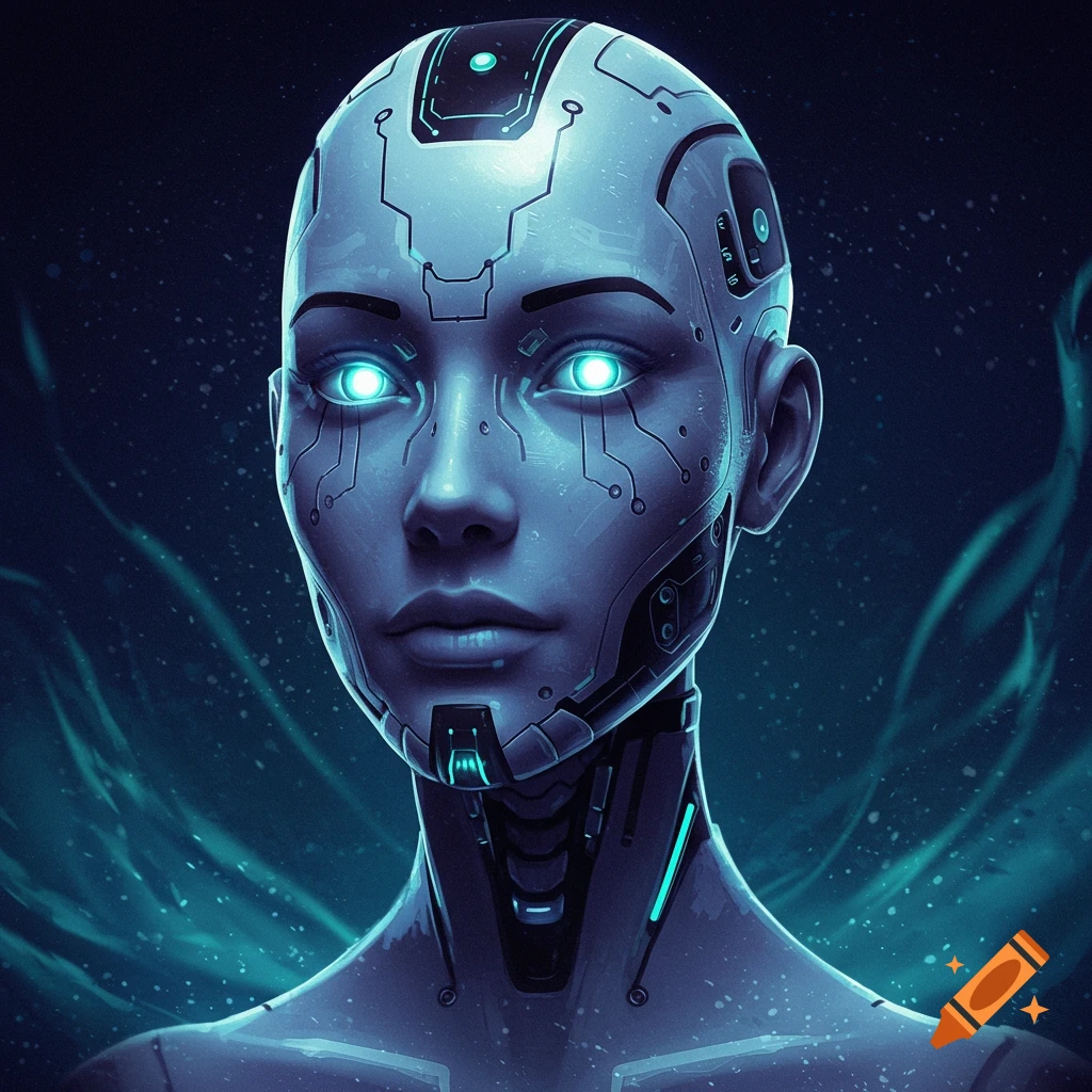 Close-up portrait of a futuristic cyborg head with glowing blue eyes and circuitry patterns.