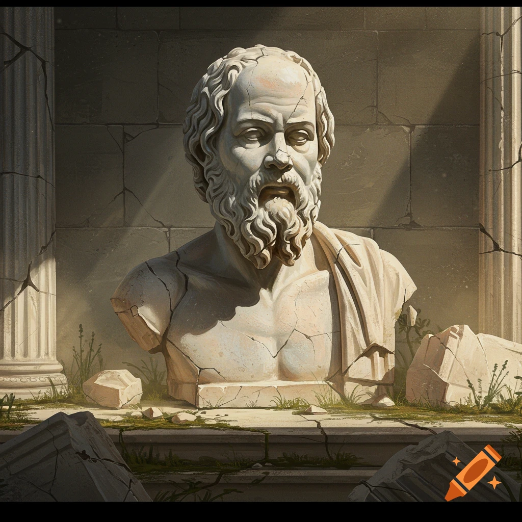 A broken marble bust of the philosopher Socrates sits among ruins and fallen columns.