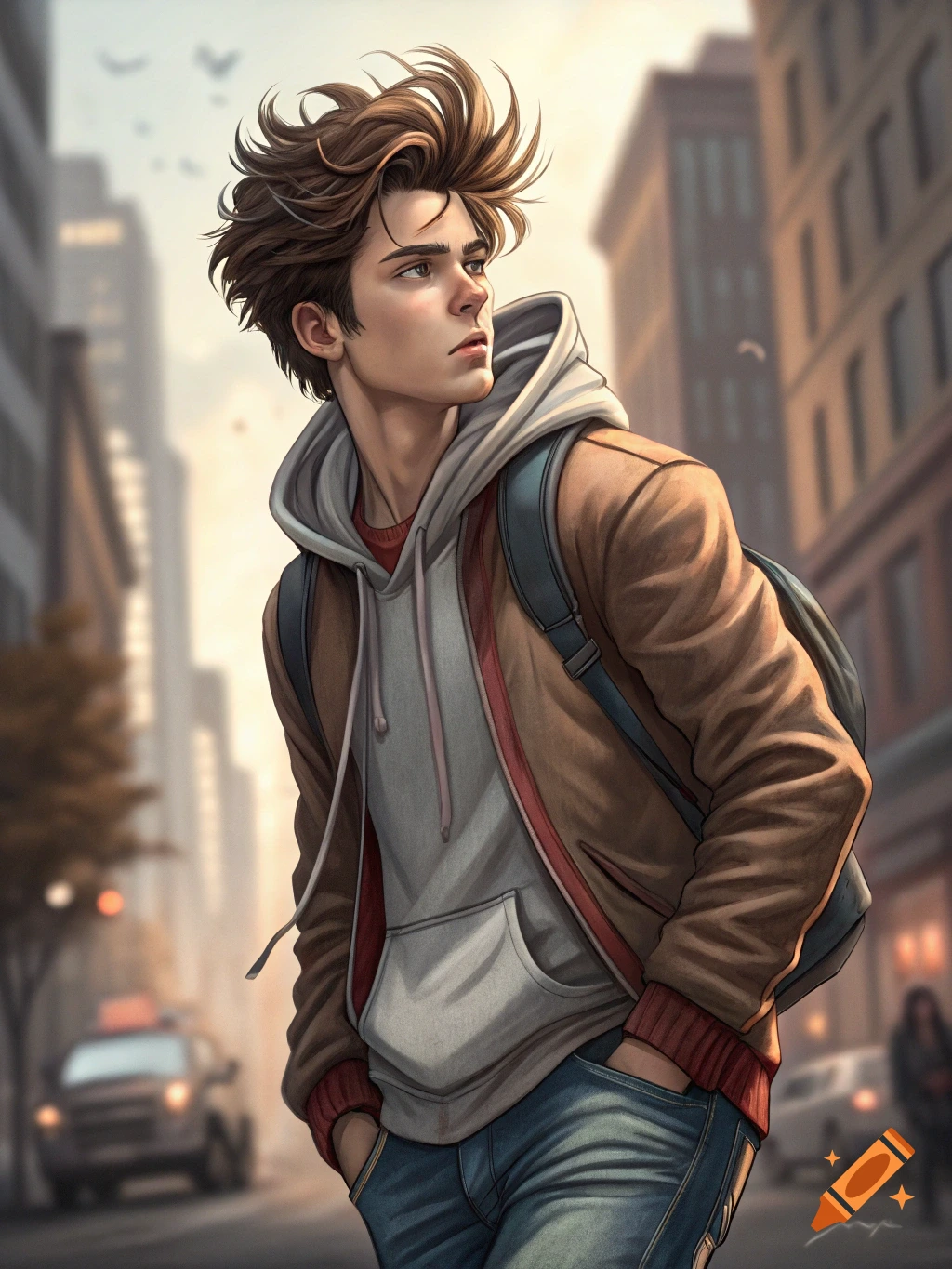 Digital illustration of a young man with spiked hair, jacket, and backpack, walking in a city street.