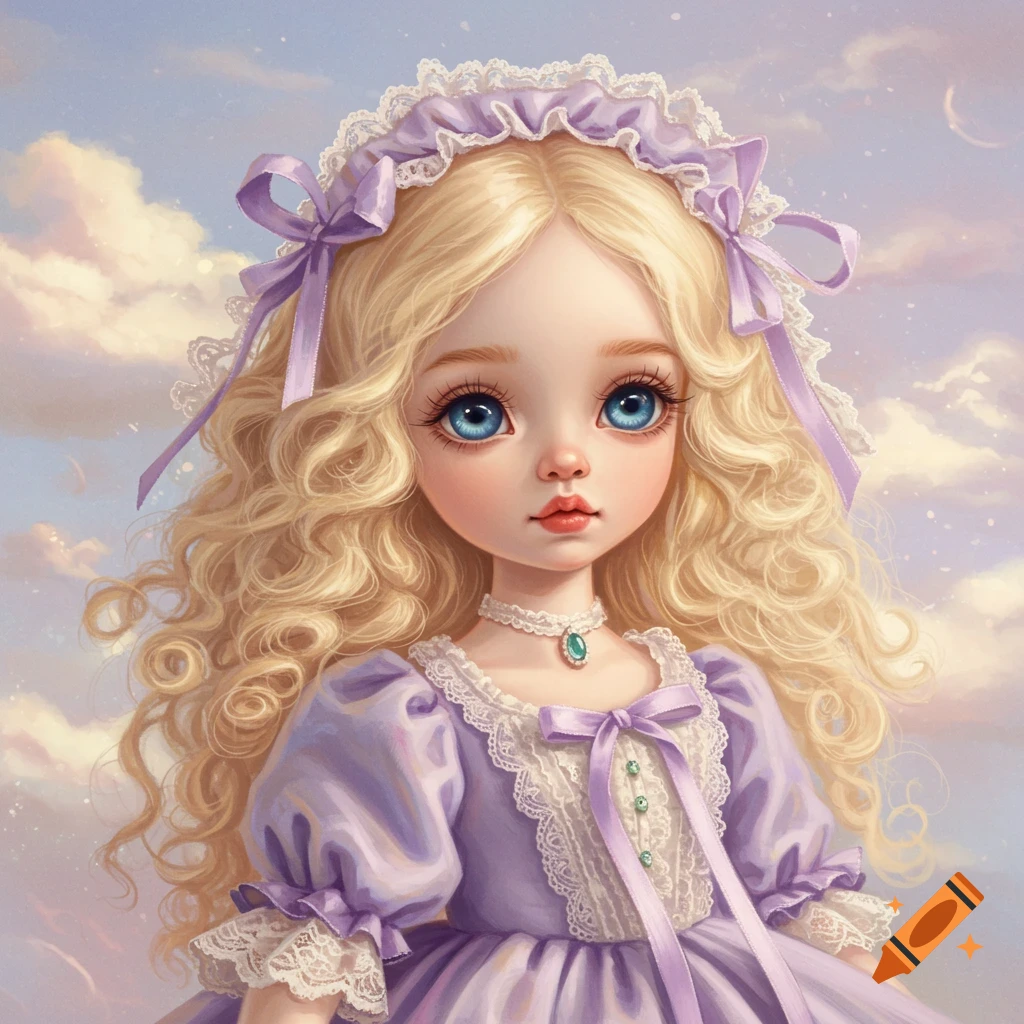 A stylized portrait illustration of a blonde-haired doll with large blue eyes wearing a purple dress and lace headband, against a cloudy sky.