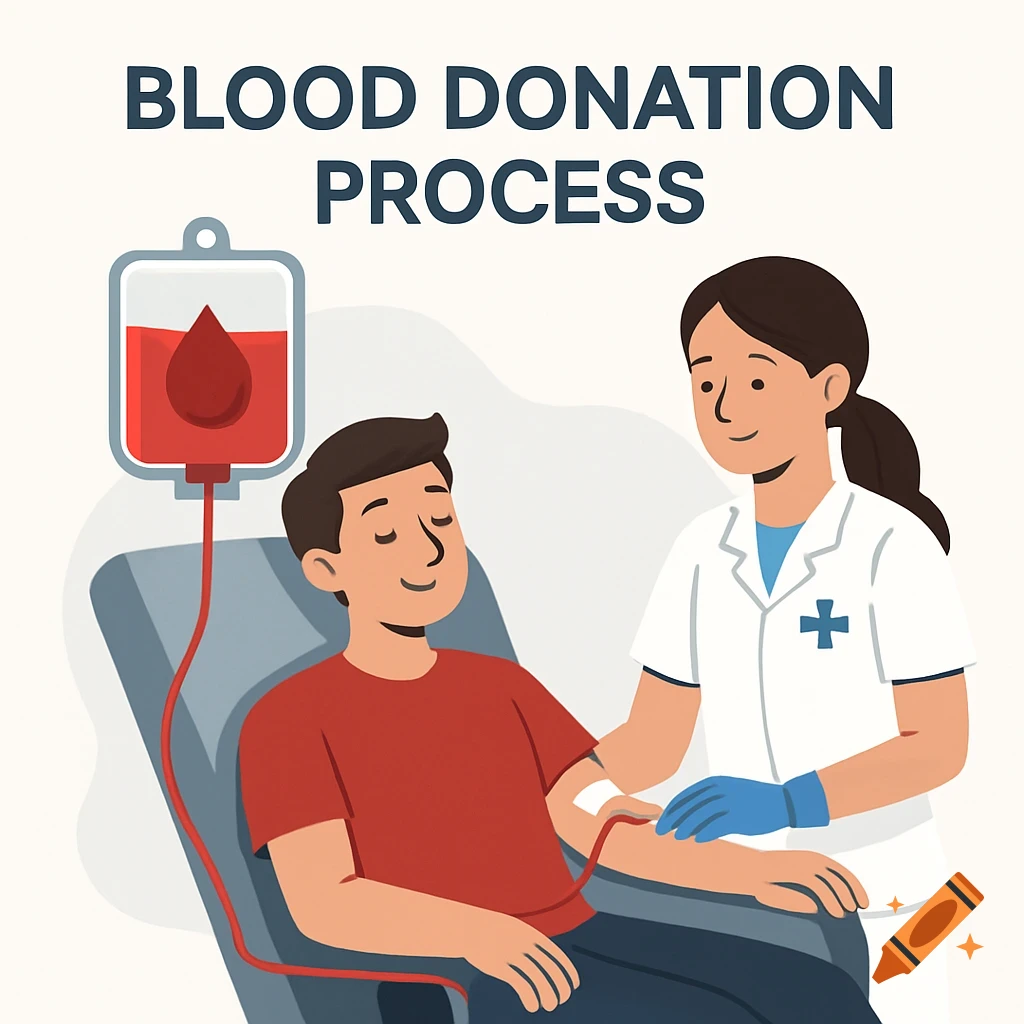 Illustration of a patient donating blood with a nurse.