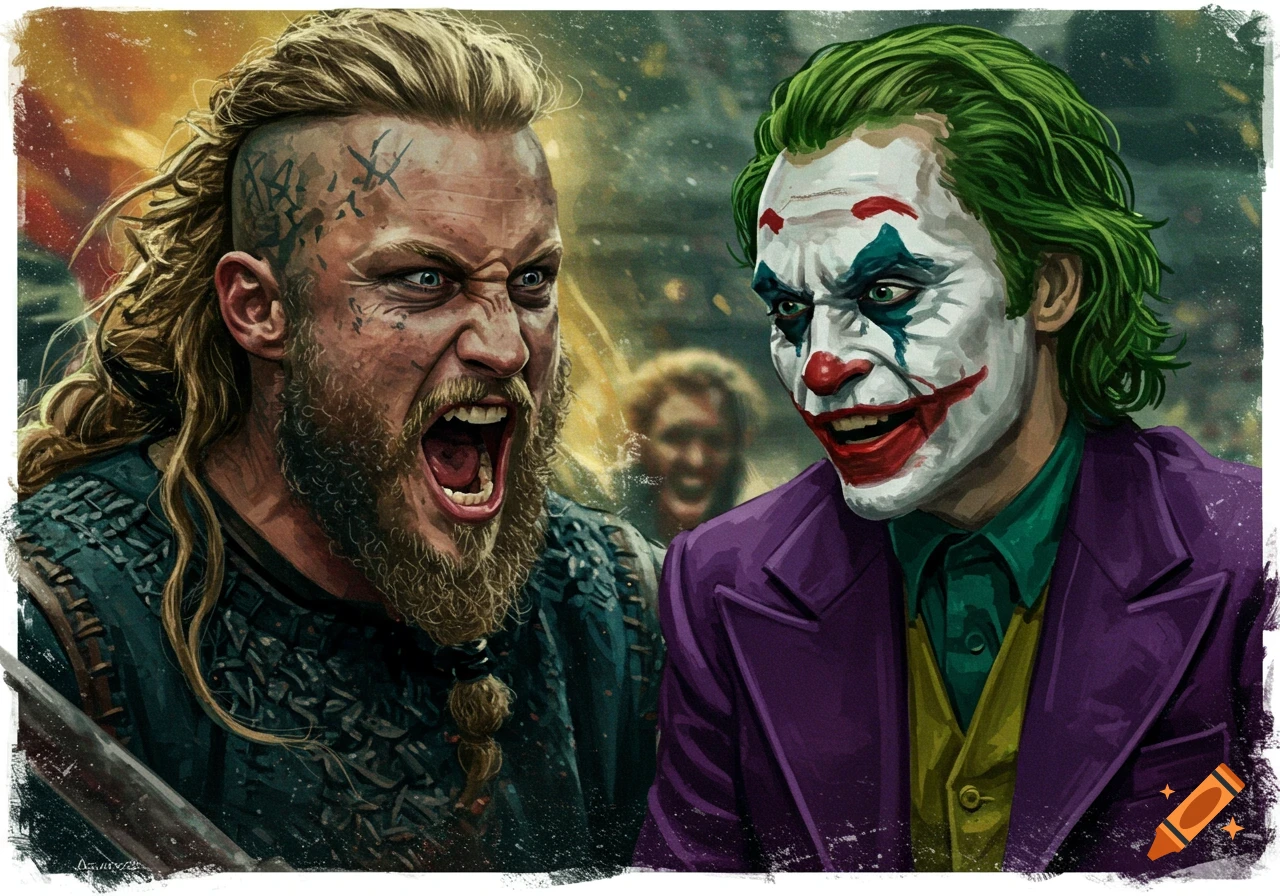 Painting of a screaming Viking character facing off against the smiling Joker.