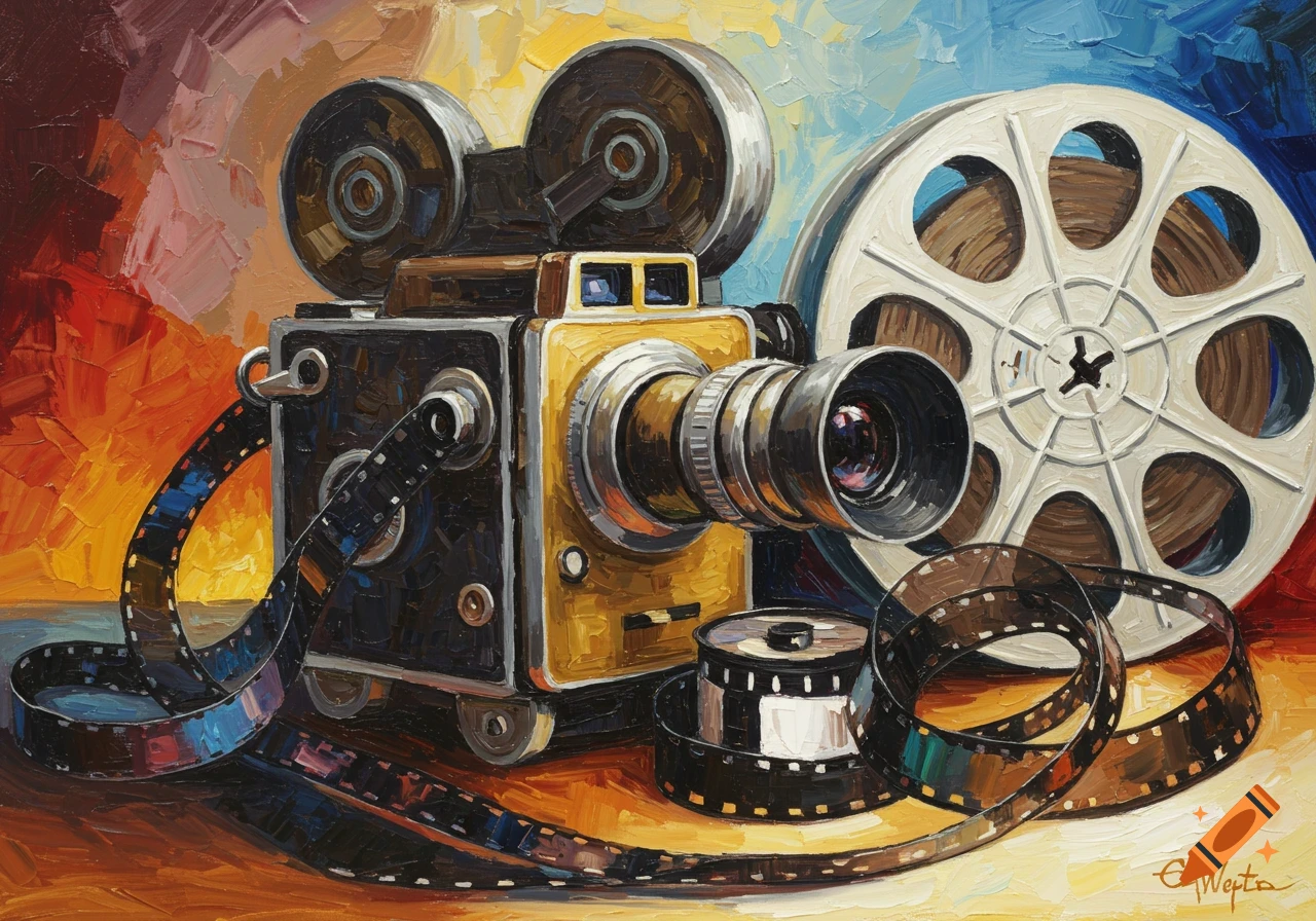 Oil painting of a vintage cinema camera and film reel.