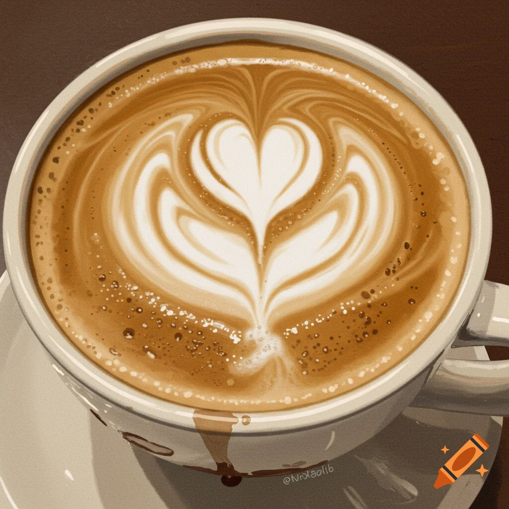 A close-up view looking down into a white coffee cup with detailed latte art and some spilled coffee.
