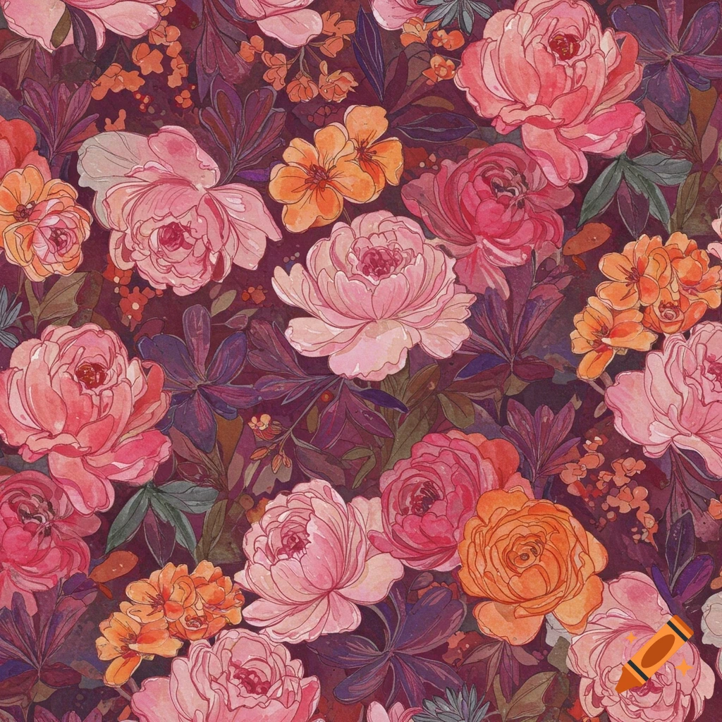 Seamless pattern of pink and orange flowers and purple leaves in watercolor style