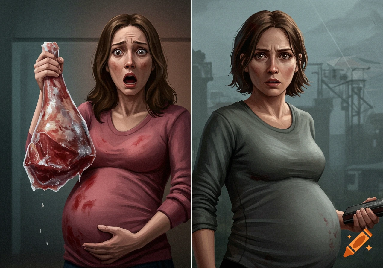 Split image of a pregnant woman, showing her in shock holding a bloody leg of meat and looking focused while holding a phone.