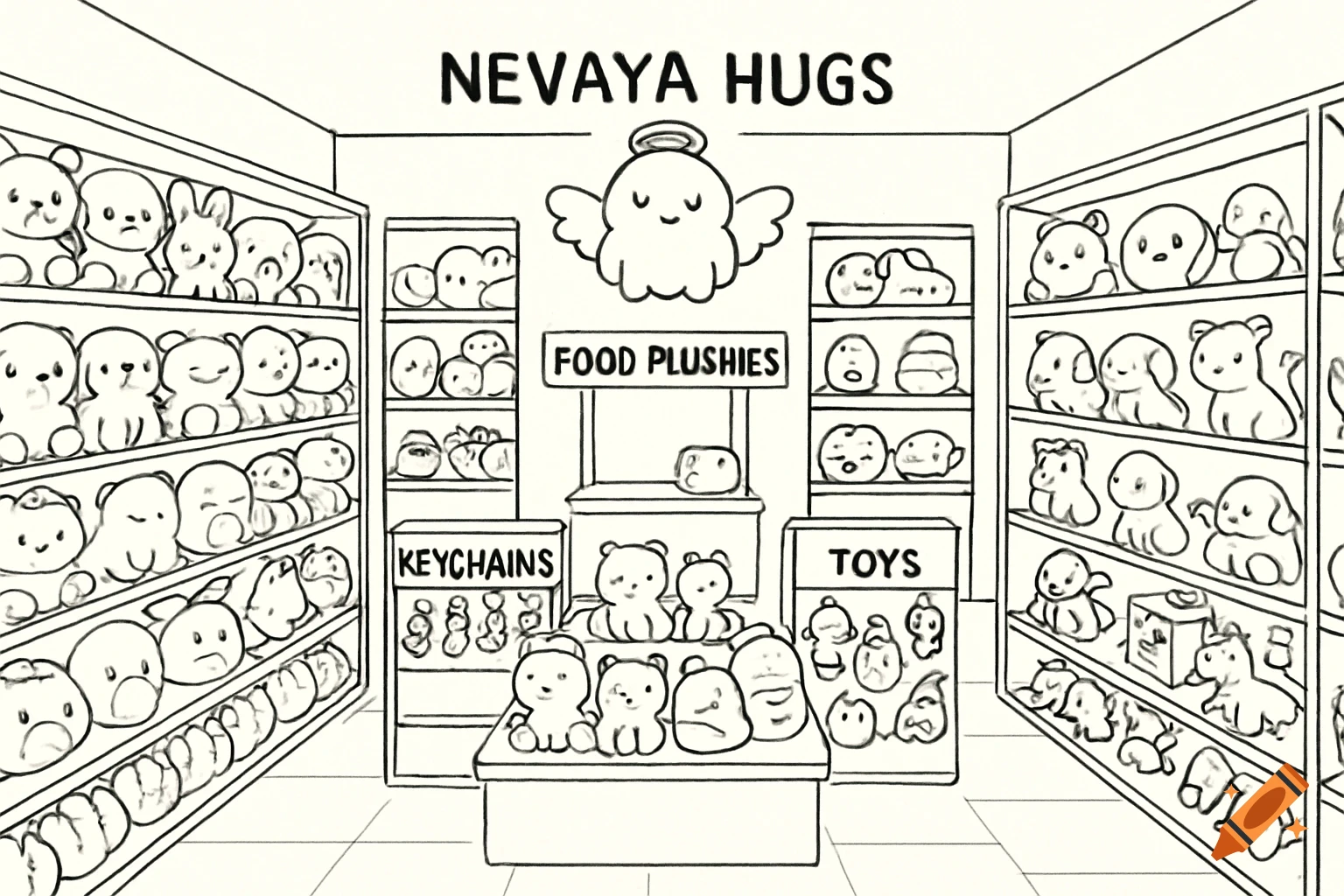 Line drawing of a plushie store with shelves full of plushies and signs for Nevaya Hugs, Food Plushies, Keychains, and Toys.