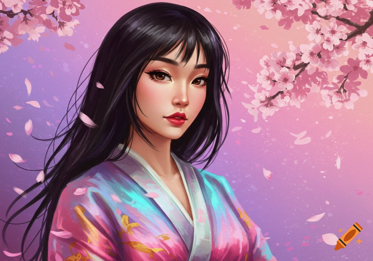 Illustration of a woman with long dark hair in a colorful traditional garment, surrounded by pink cherry blossoms.