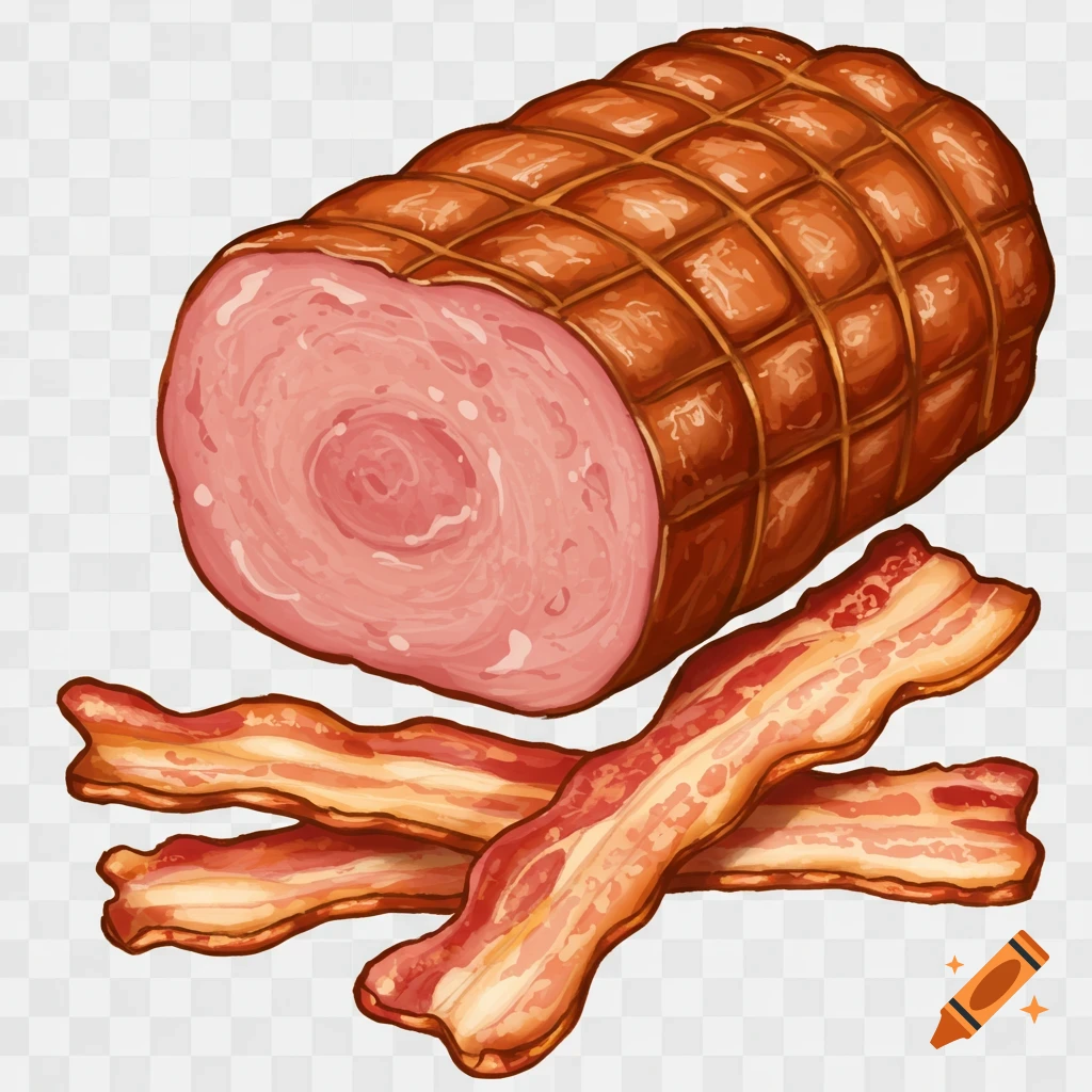 An illustration of a cooked gammon joint and strips of bacon