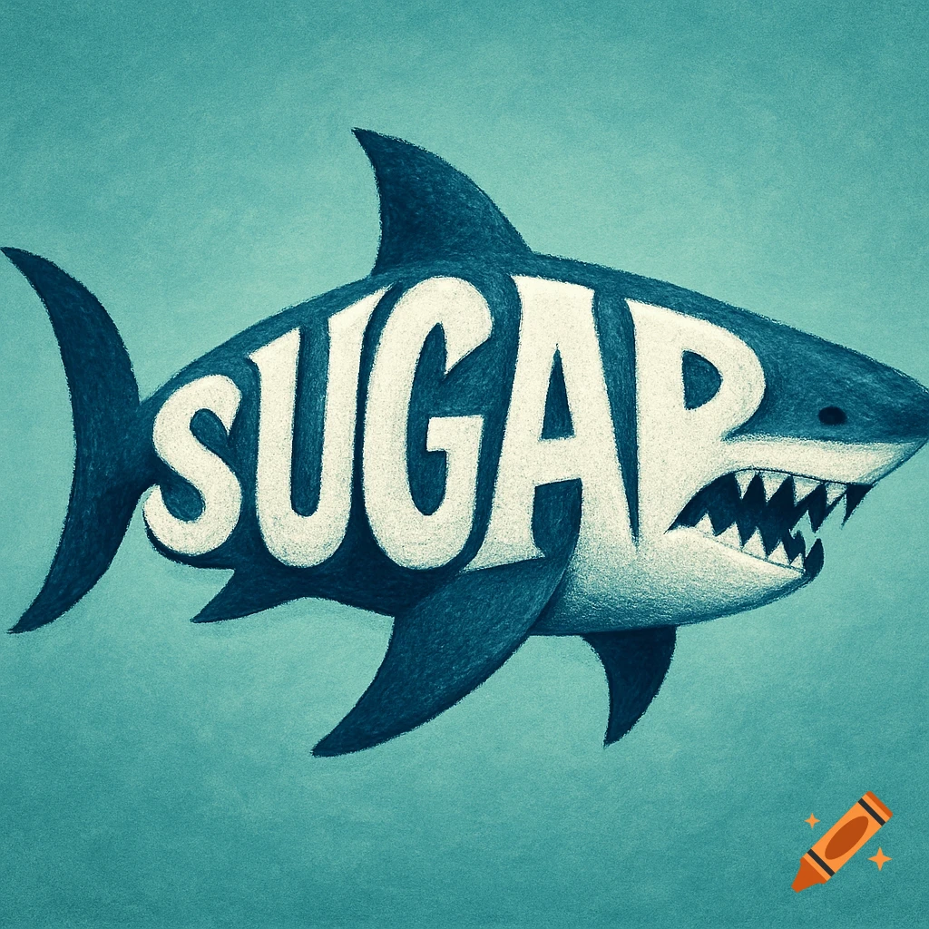 Stylized illustration of a shark with the word SUGAR on its body in blue and white on a teal background.