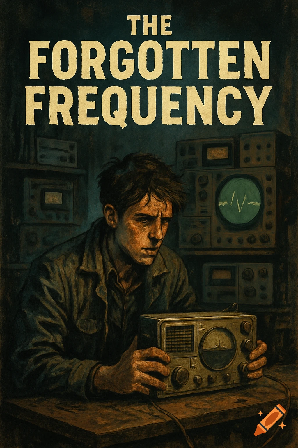 Illustration of a man working on a vintage radio with the title 'The Forgotten Frequency'.