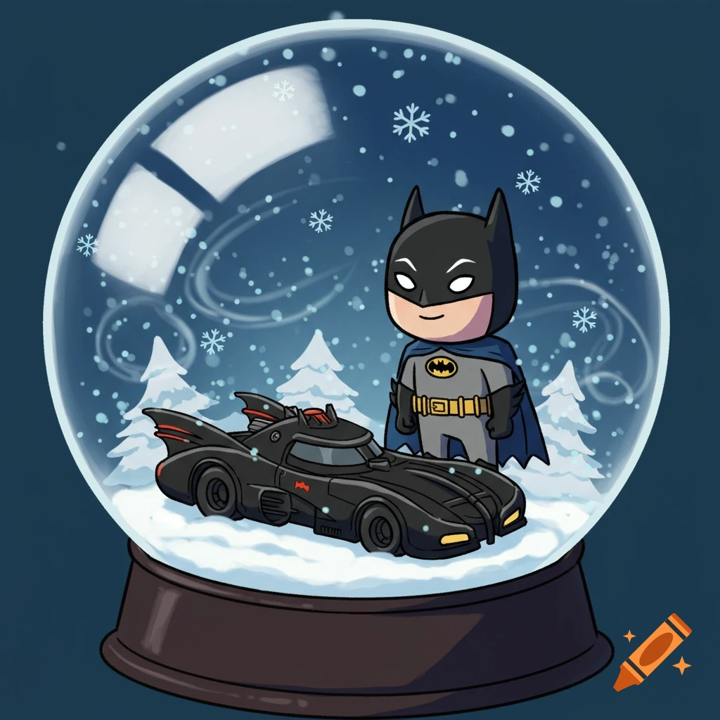 Cartoon Batman and Batmobile inside a snow globe with falling snow.