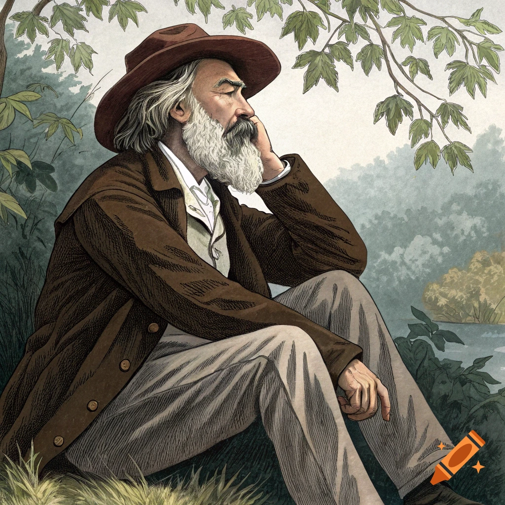 Illustration of a man with a beard and hat sitting by a stream, looking thoughtful.
