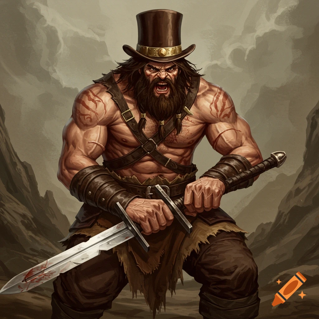 A muscular barbarian character with a beard and top hat holds a long sword in a rugged landscape.