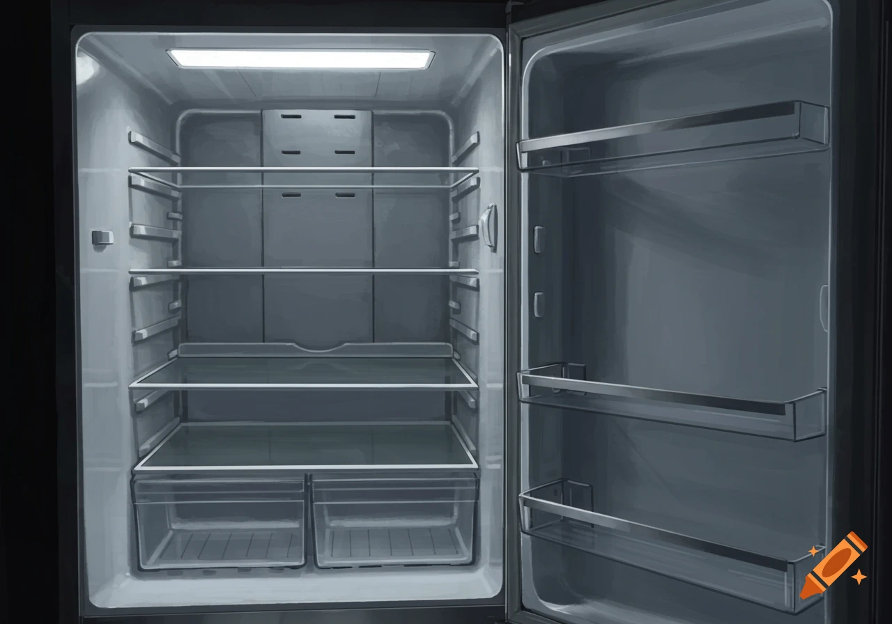 Digital illustration of the inside of an empty refrigerator with shelves and drawers.
