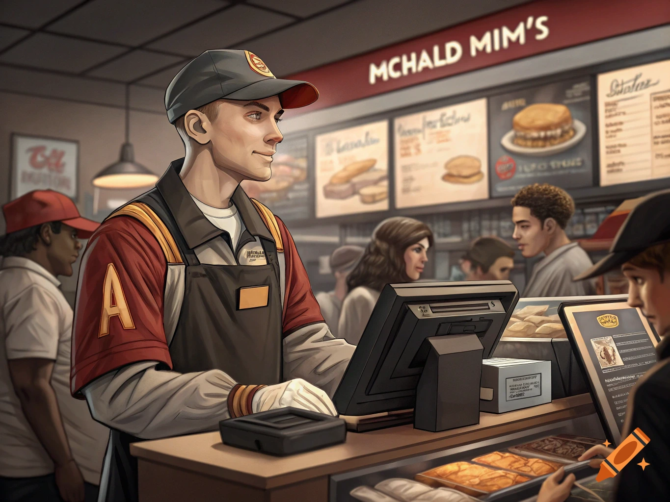 Illustration of an employee behind the counter in a fast food restaurant