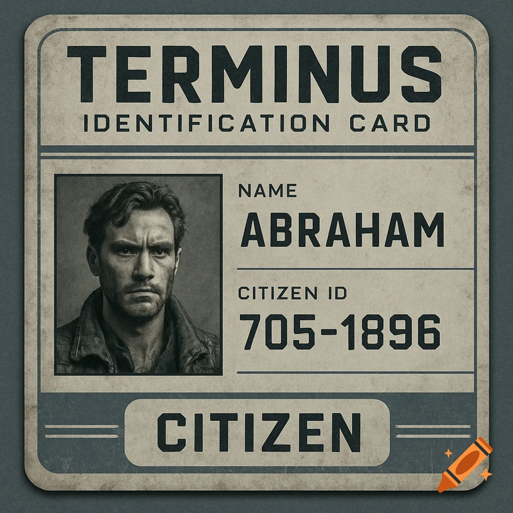 An aged identification card with a portrait of a man, labeled TERMINUS, Abraham, and Citizen ID 705-1896.