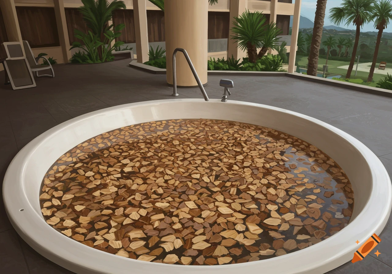 A hotel hot tub on a patio filled with woodchips, with palm trees and mountains in the background.