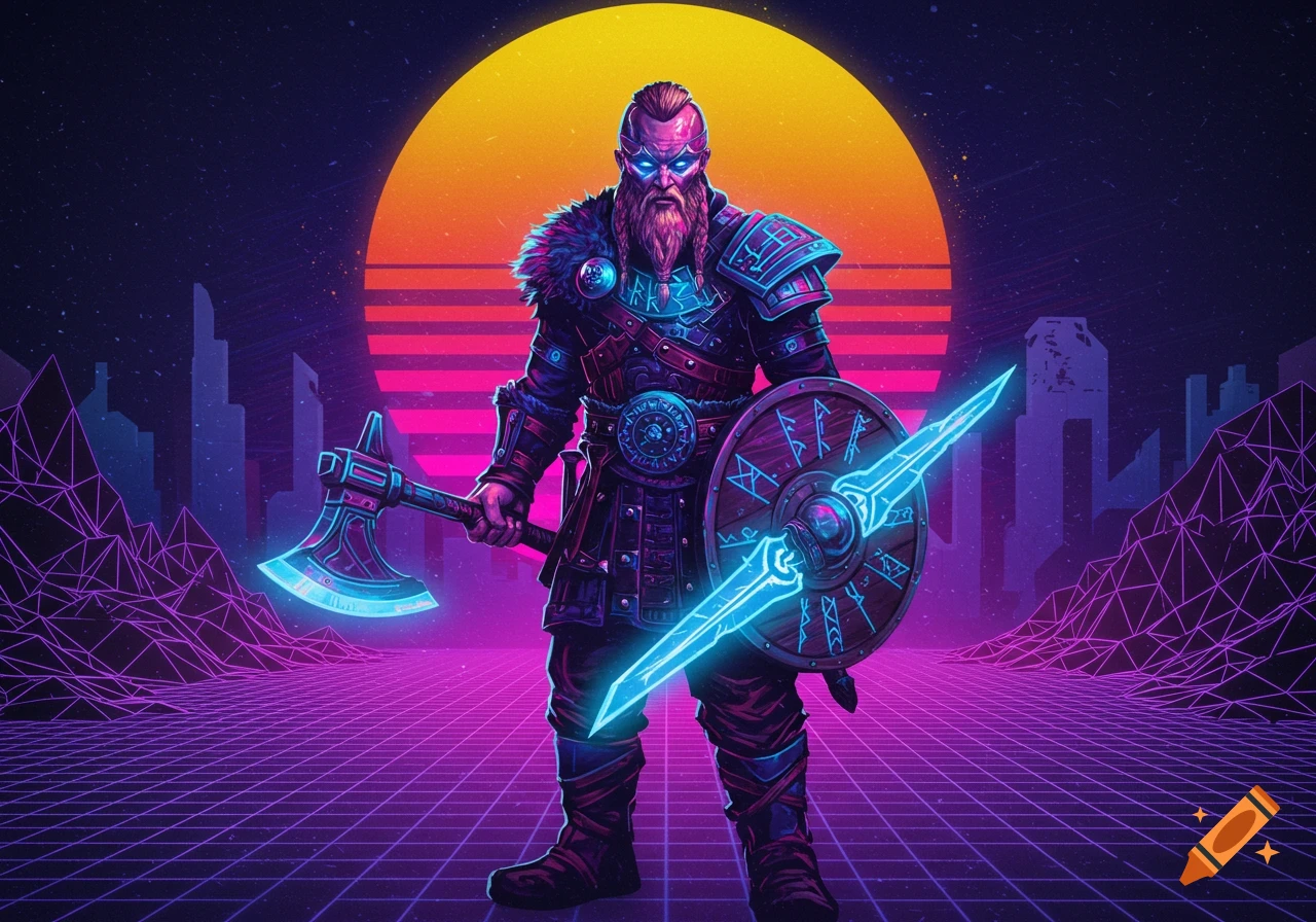 Retrowave Viking with axe and shield standing on neon grid.