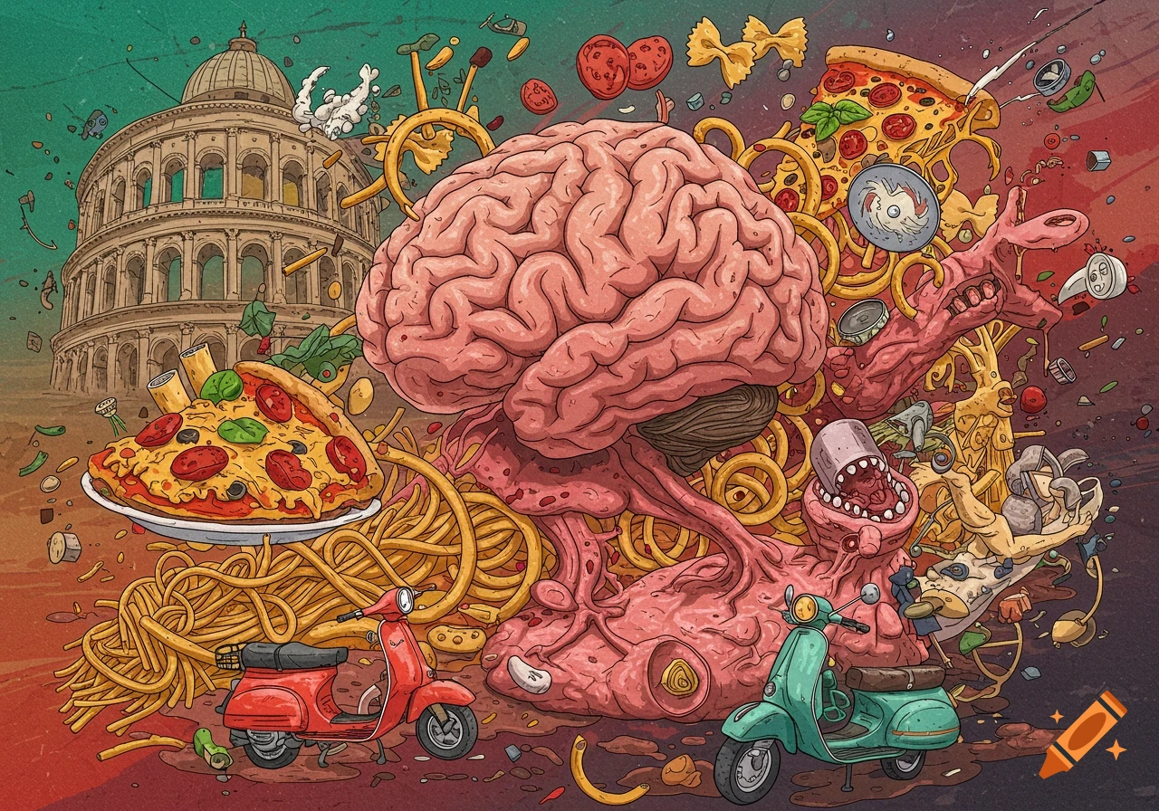 Surreal illustration of a large brain entangled with spaghetti, pizza, Vespas, and the Colosseum.