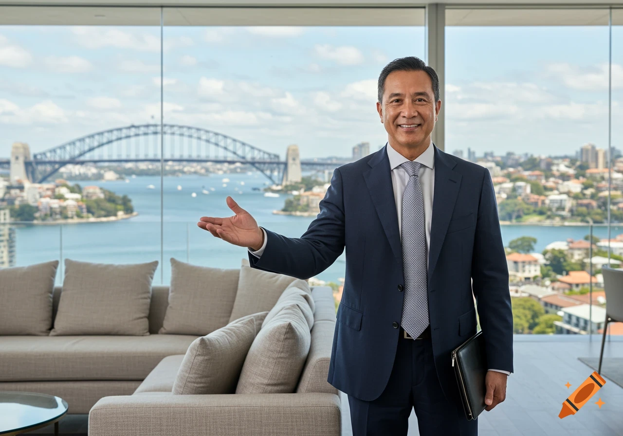 A man in a suit stands in a modern apartment overlooking the Sydney Harbour Bridge.