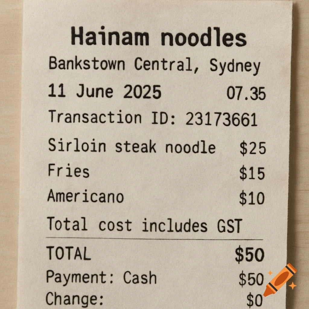 Photo of a receipt from Hainam noodles listing food items, prices, total, and payment details.