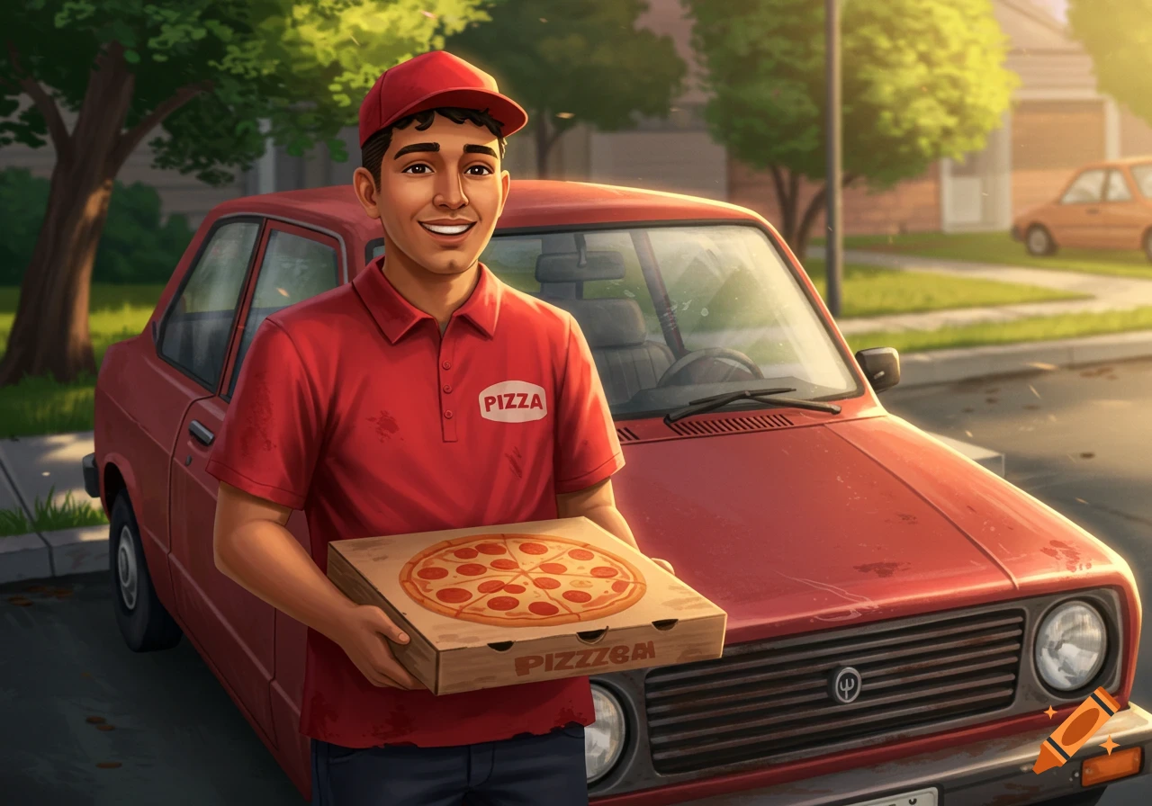 Stylized illustration of a smiling pizza delivery driver in a red shirt and cap, standing by a red car and holding a pizza box.