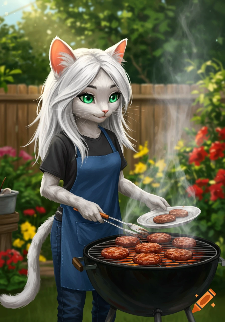 Anthropomorphic cat girl grilling hamburgers in a sunny backyard.