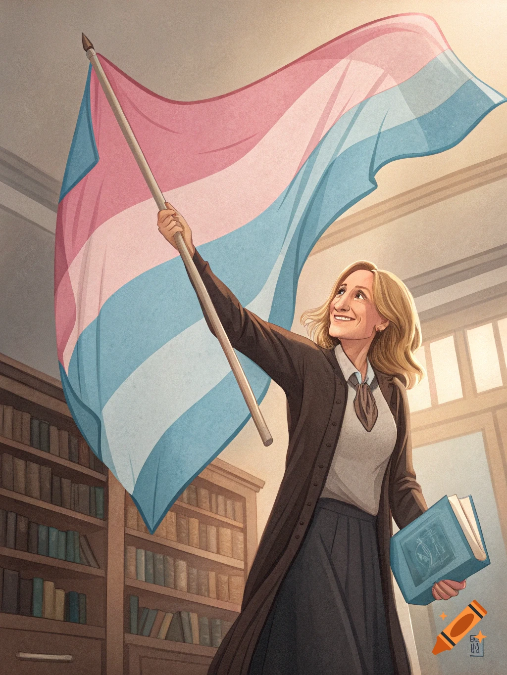 Illustration of a woman holding a trans pride flag and a book in a library