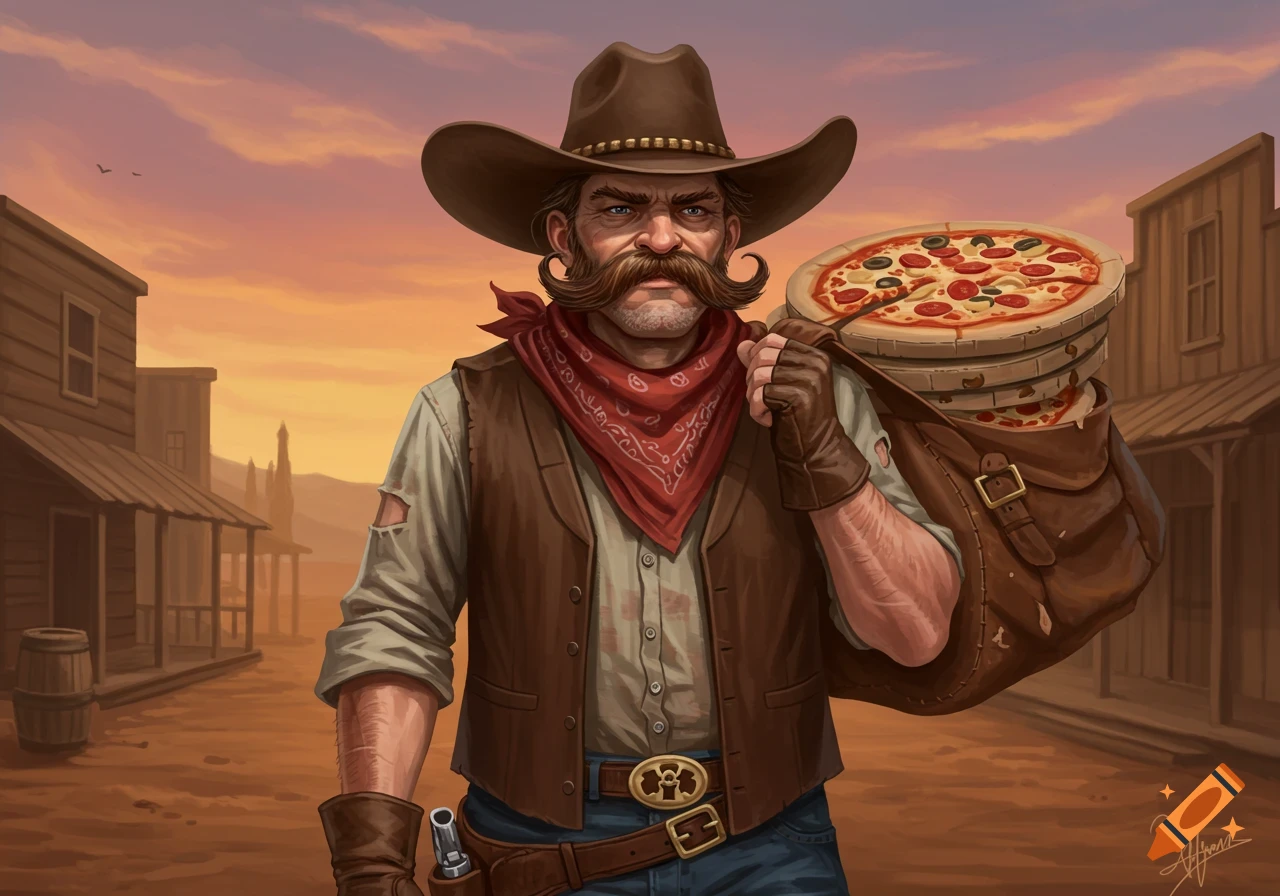 A cowboy in a Wild West town carries a bag full of pizzas at sunset, illustration.