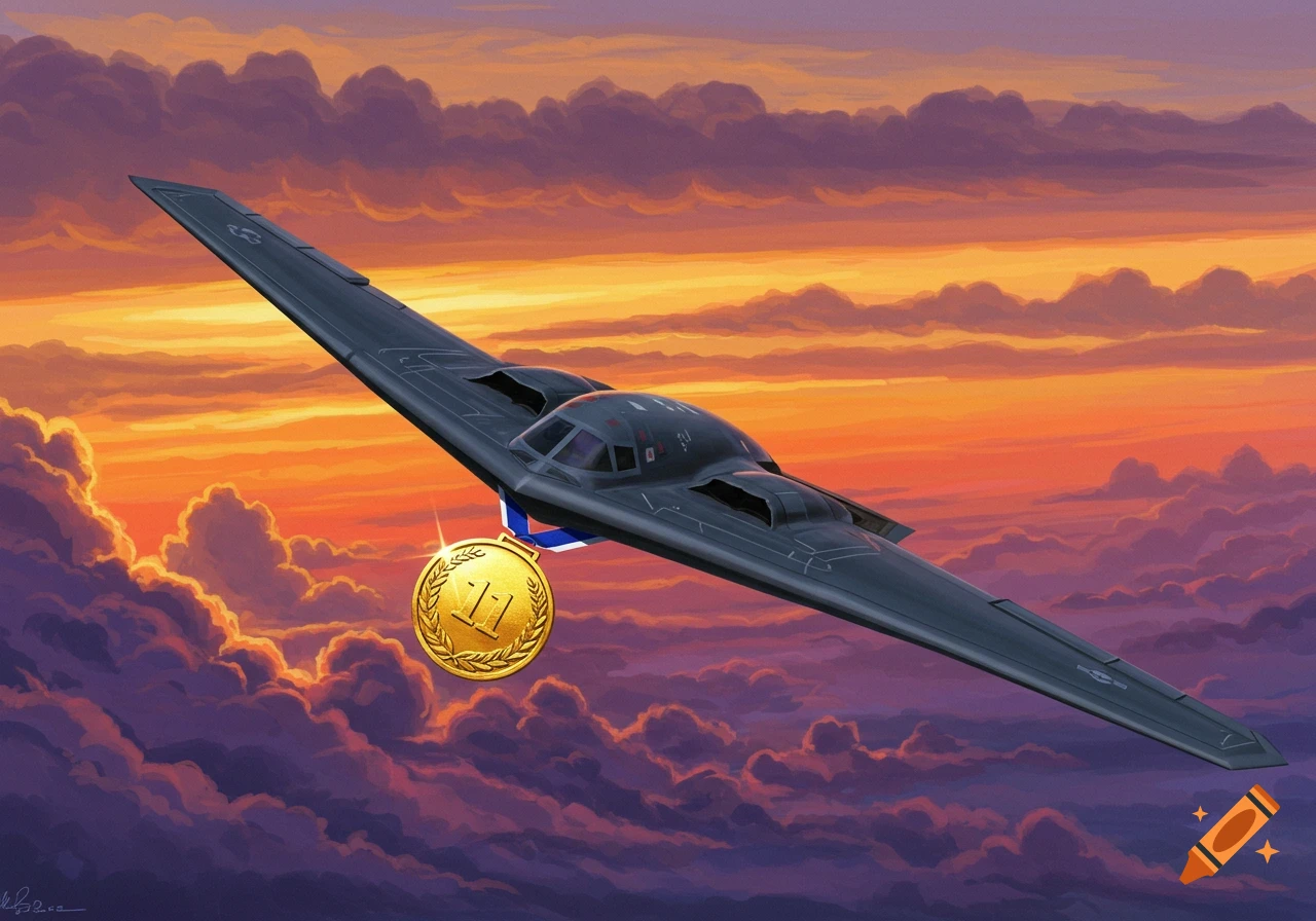 A B-2 Spirit bomber with a gold medal flying through a sunset sky, digital painting.