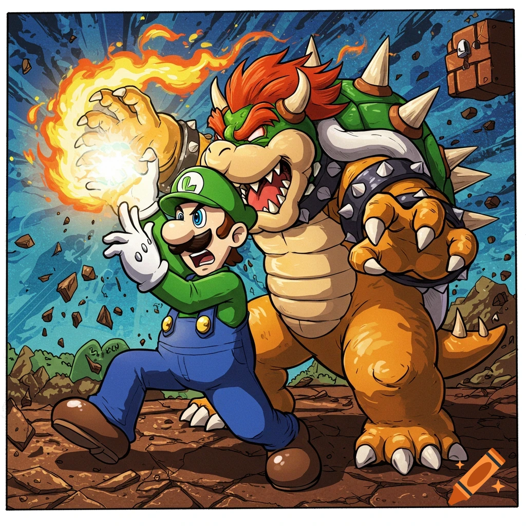 Luigi battles Bowser with fire in a dynamic cartoon illustration.