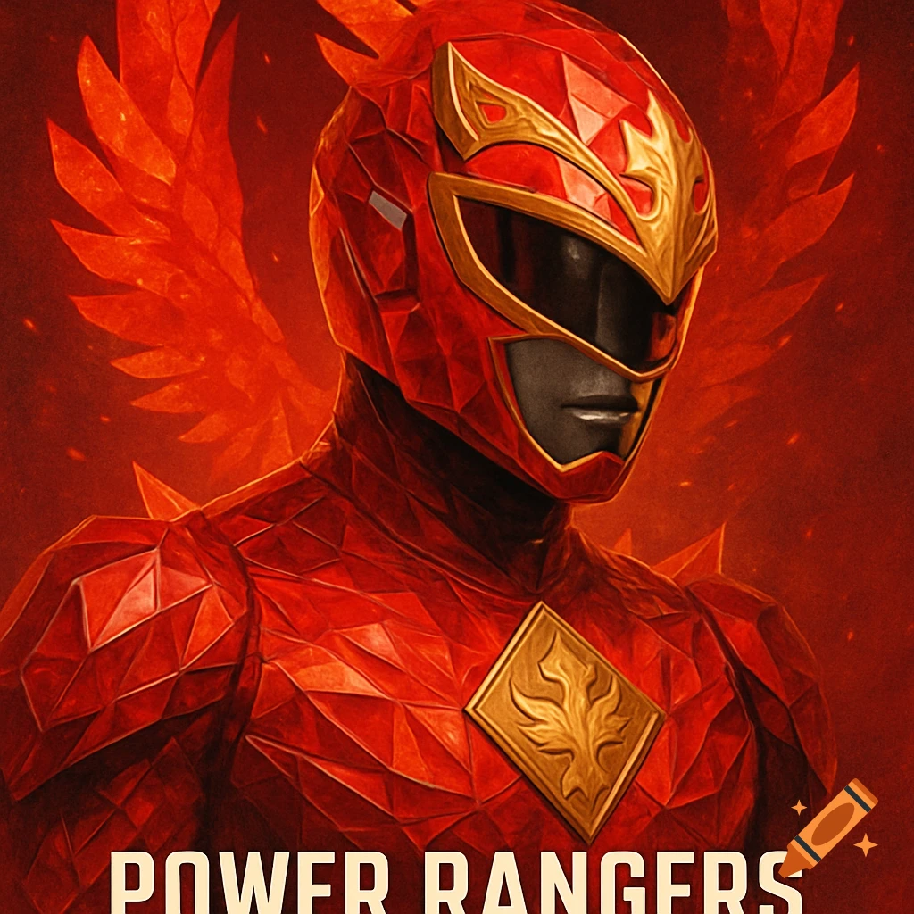 Red Power Ranger in geometric suit with golden accents and fiery phoenix wings, text 'POWER RANGERS'