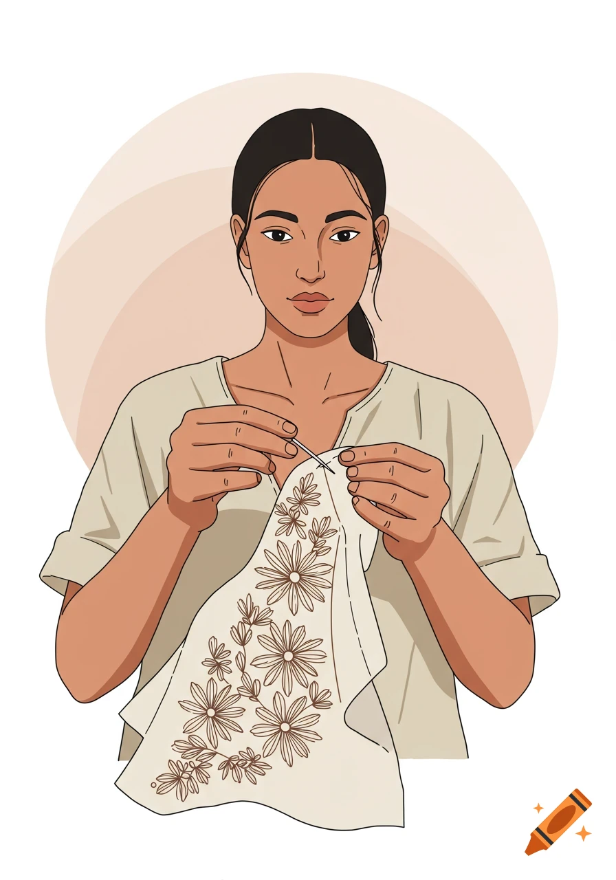 Vector illustration of a woman doing embroidery on fabric.