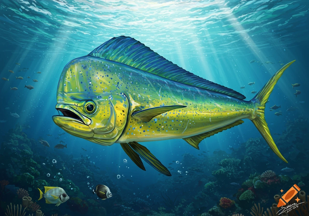 A detailed illustration of a Mahi Mahi fish swimming underwater near coral reefs.