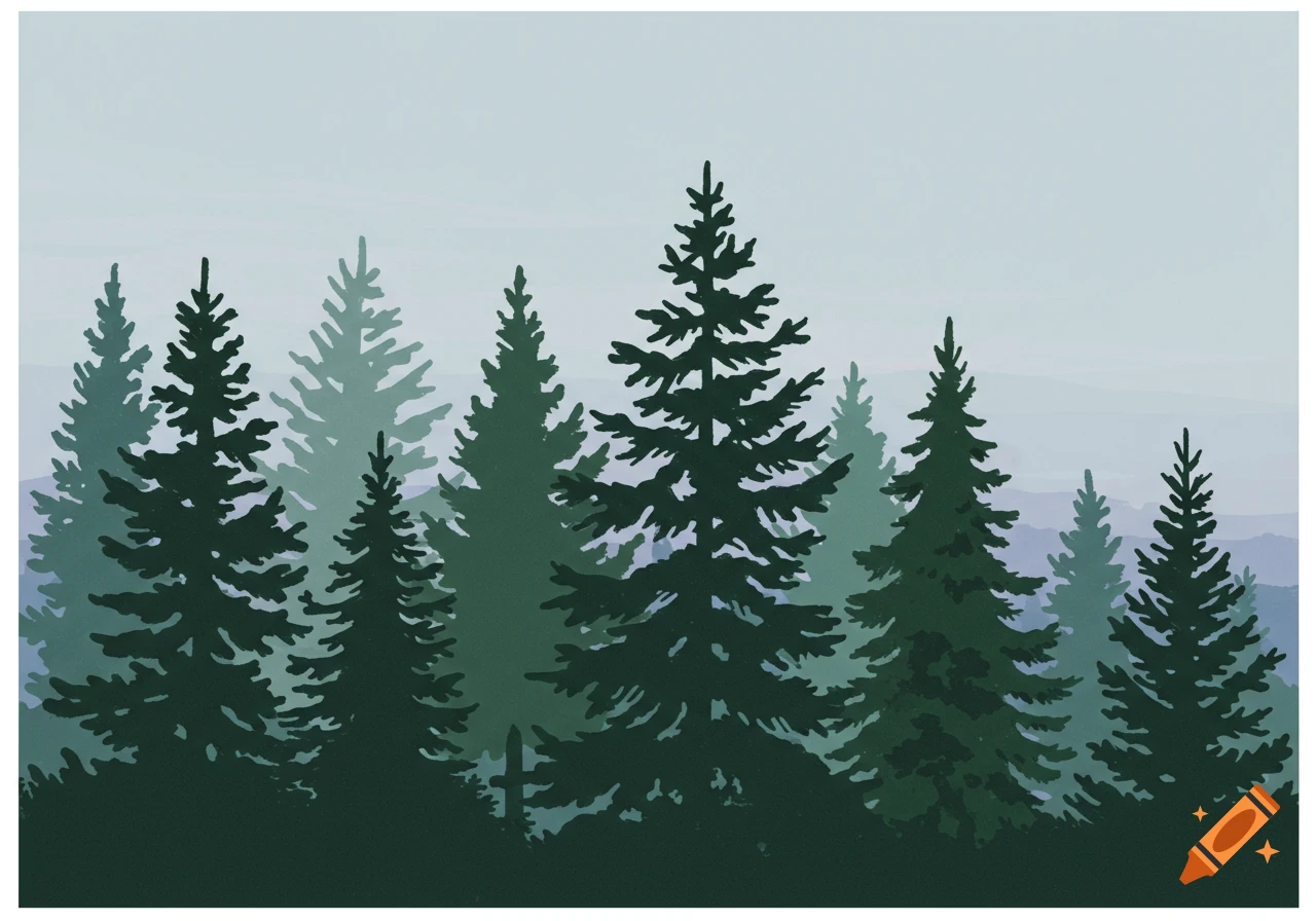 Simple illustration of evergreen trees in shades of green against a pale sky.