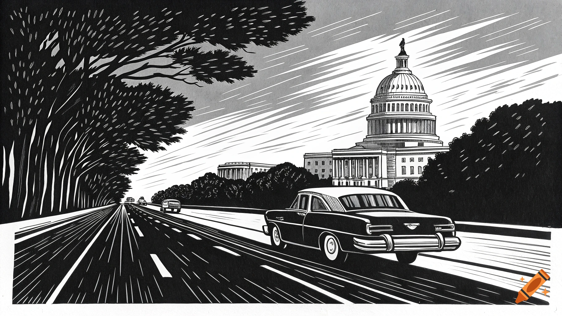 Monochrome linocut illustration of a car on a highway approaching the US Capitol building.
