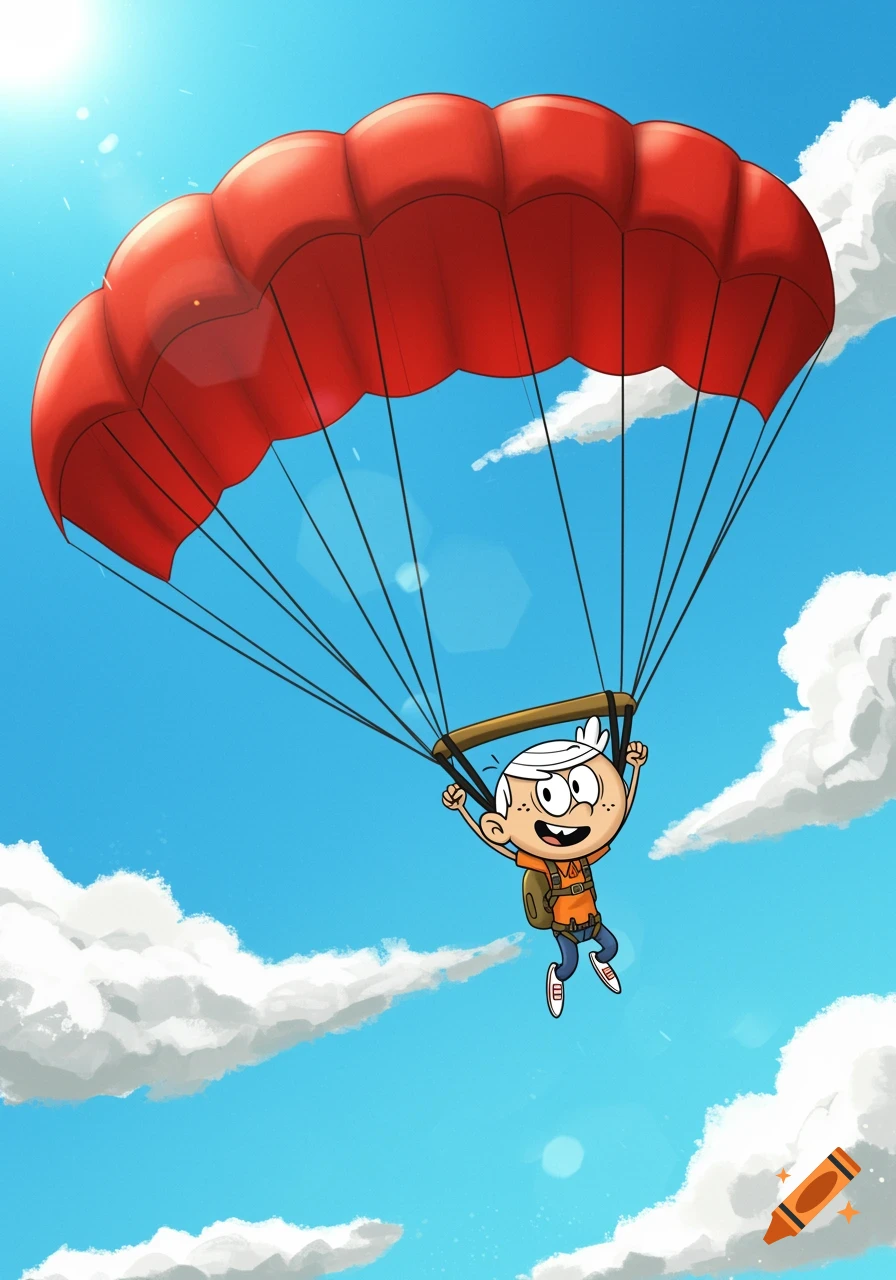 Lincoln Loud parachuting under a red parachute in a bright blue sky