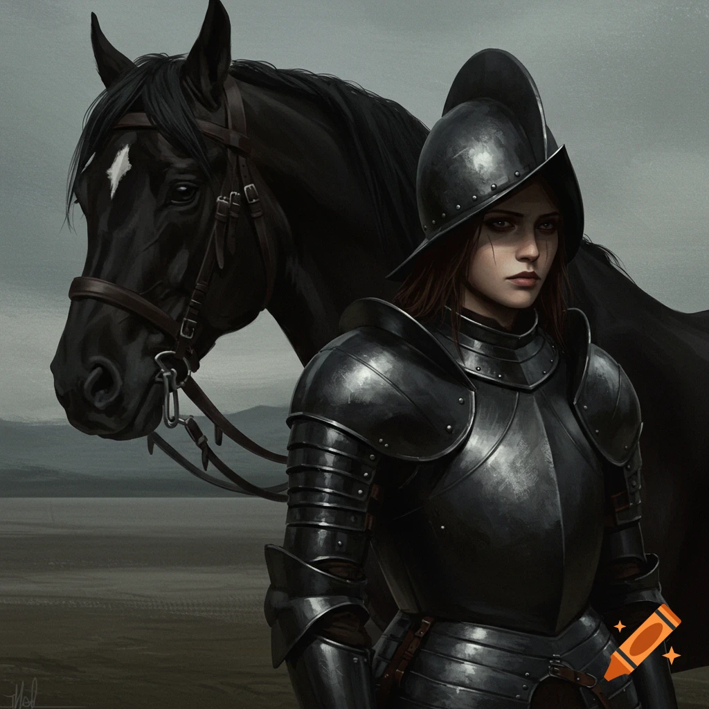 A person in black armor stands with a black horse.