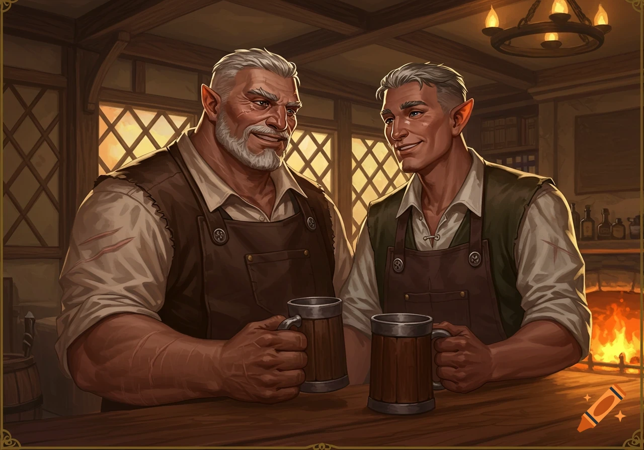 Two male fantasy innkeepers smile at a tavern bar, holding mugs.