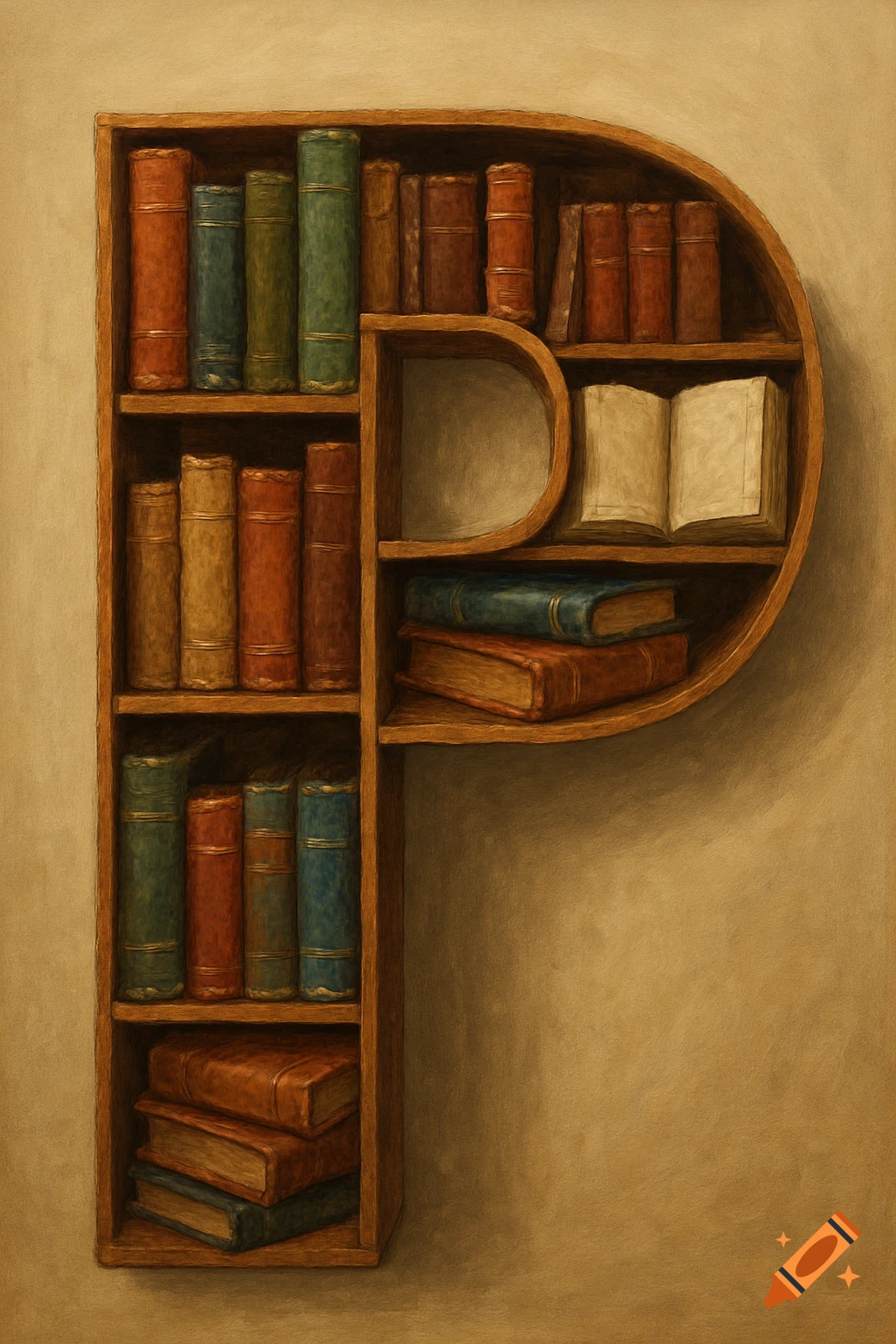 A bookshelf shaped like the letter P, filled with antique-looking books. The image has a painted texture.