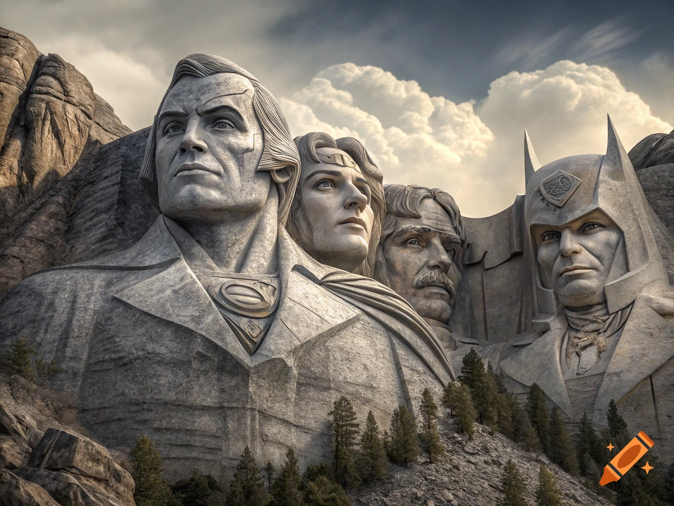 Mount Rushmore-style stone carving of Superman, Wonder Woman, Tom Hanks, and Batman on a mountain