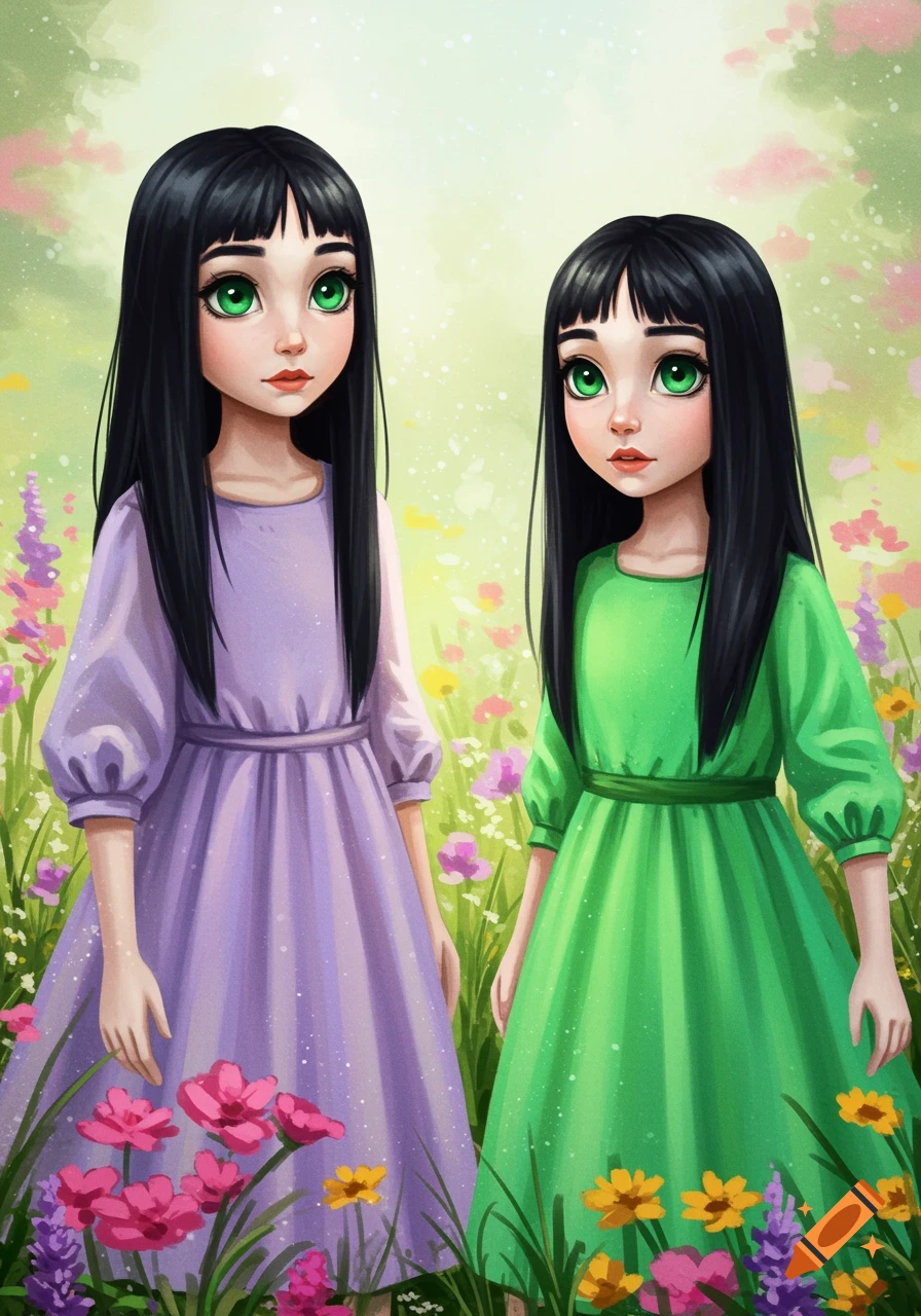 Two young girls with black hair and green eyes stand in a field of colorful flowers. Illustration.