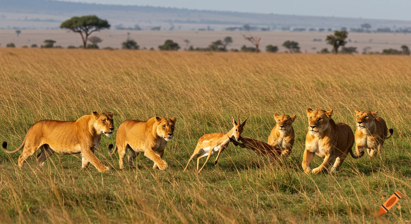 A pride of lions chases a small deer-like animal through tall grass in a sunlit savanna.
