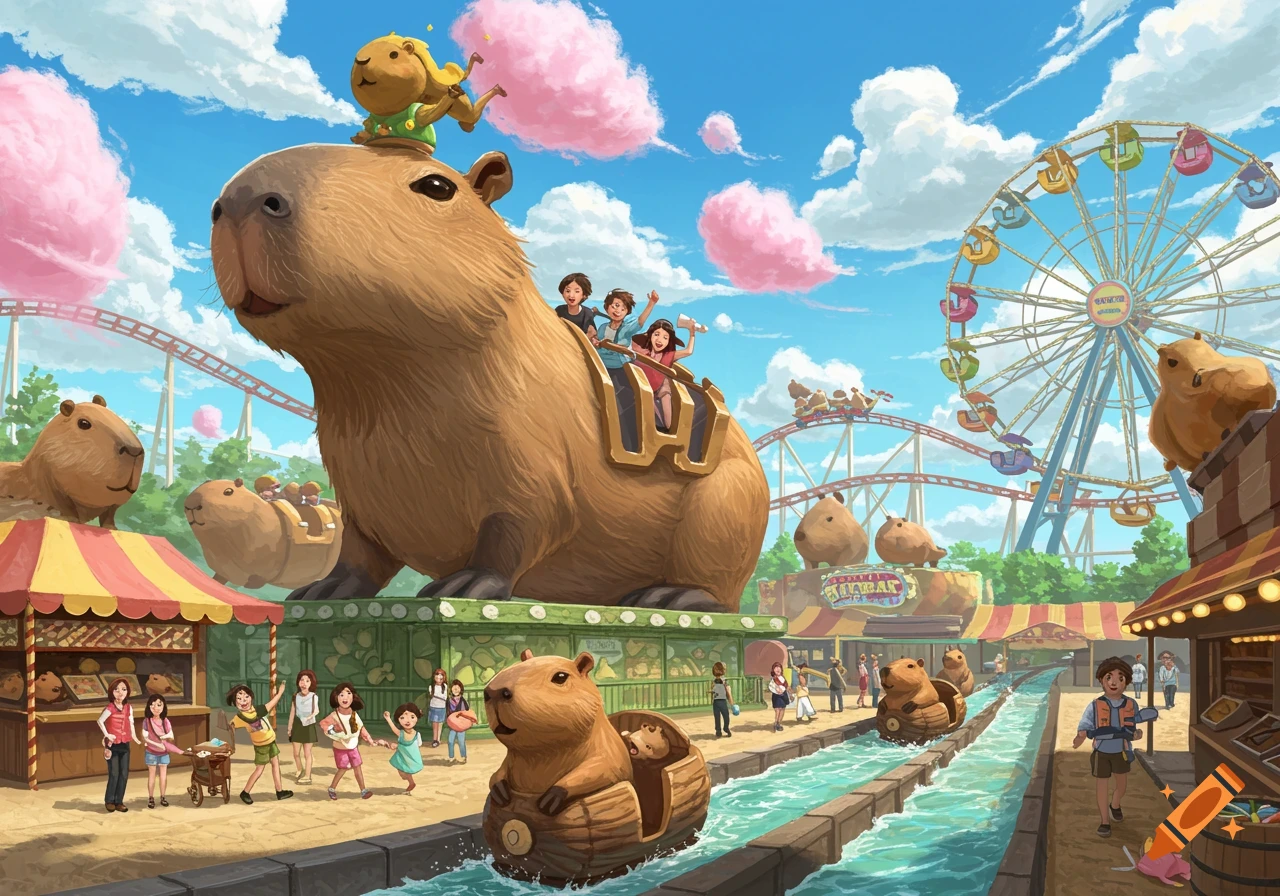 Illustration of a capybara themed amusement park with large capybara rides, people, and a Ferris wheel.
