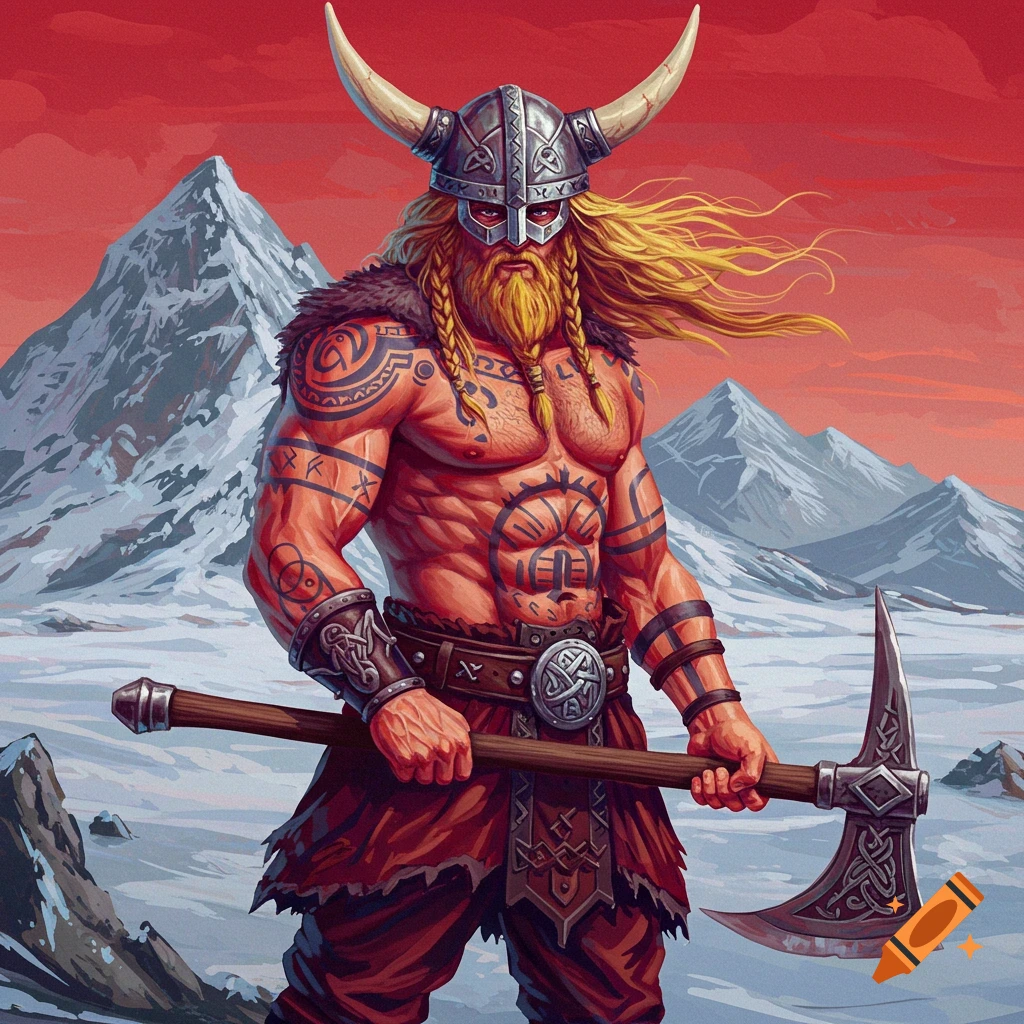 A muscular Viking warrior with tattoos and a horned helmet stands in a snowy mountain landscape under a red sky, holding a large axe.