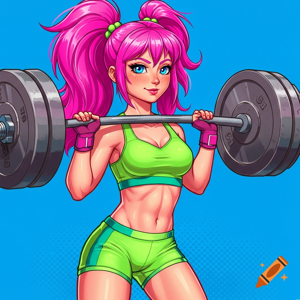 Cartoon anime woman with pink hair lifting a barbell