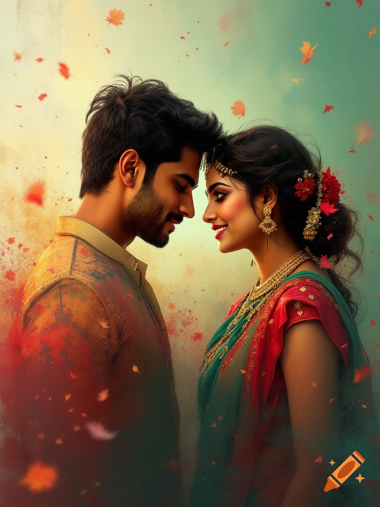 A romantic couple in Indian attire touch foreheads amidst falling leaves and a painted background.