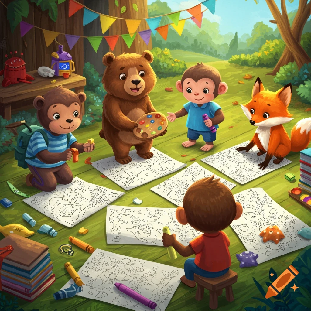 Cartoon animals coloring pages in a forest clearing