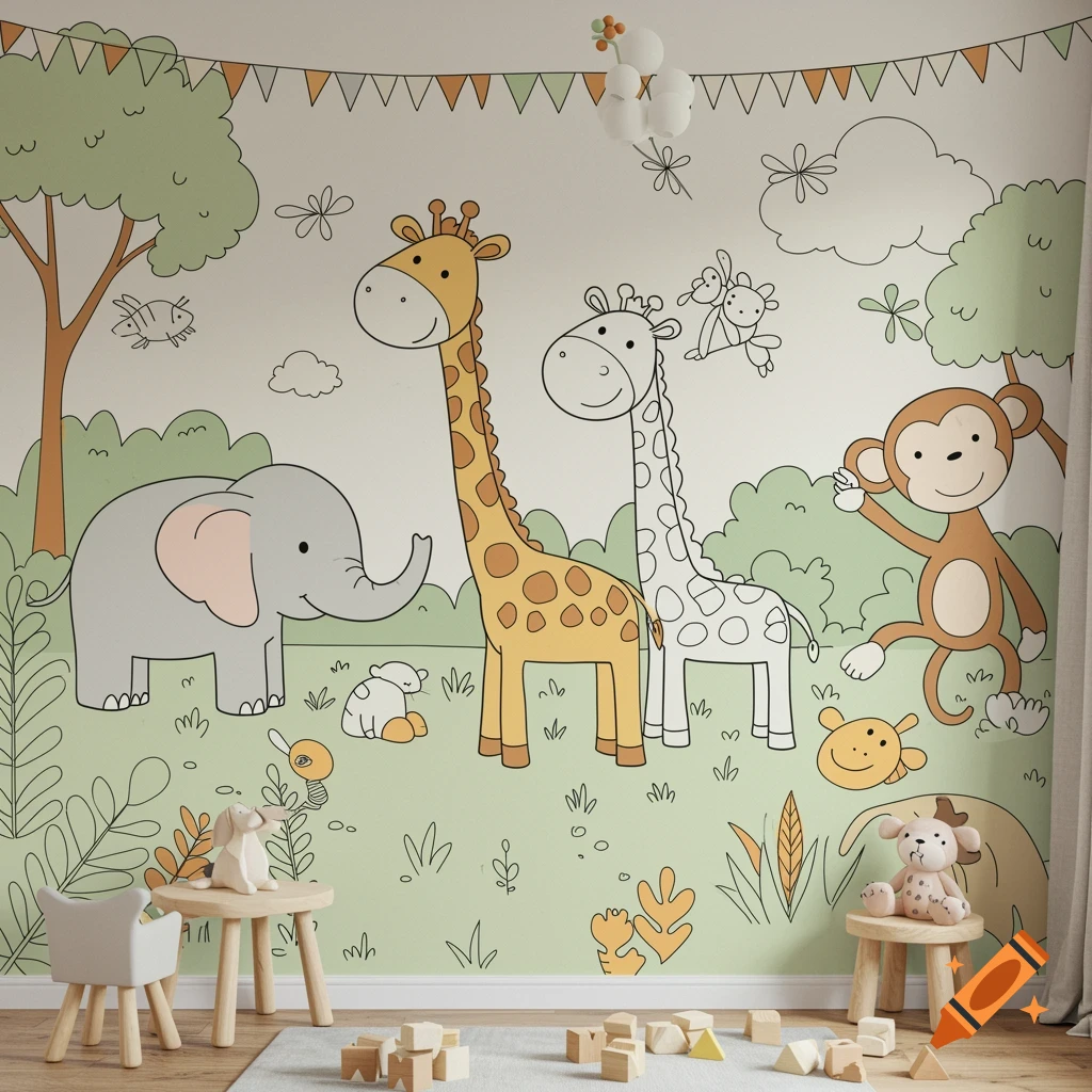 Cartoon mural with elephant, giraffes, and monkey in a jungle scene, coloring book style.